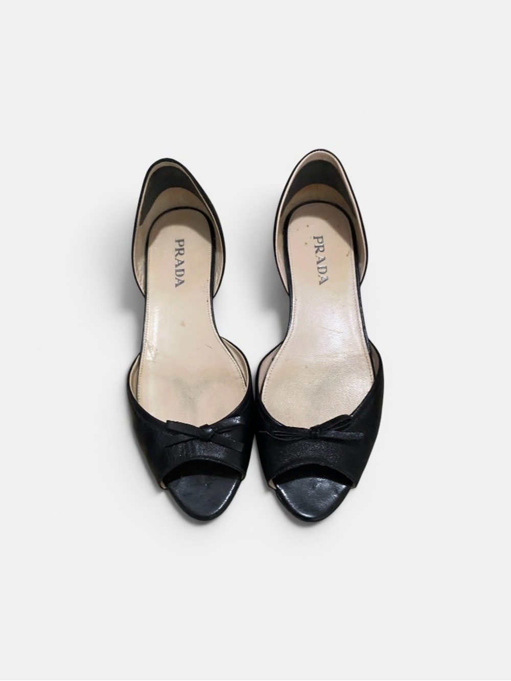 Prada Black Leather Peep-Toe Flats with Bow Accent - Picture 1 of 6
